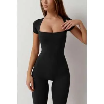 QINSEN Short Sleeve Jumpsuit for Women Square Neck Bodycon Wide Leg Long Pants Unitard Black S