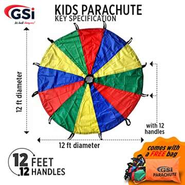GSi Kids Play Parachute Rainbow Parachute Toy Tent Game for Children Gymnastics Cooperative Play and Outdoor Playground Activities (12 Feet)