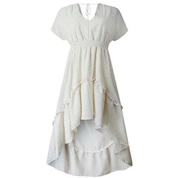 Joteisy Women’s V Neck Short Sleeves Tie Back Ruffled High Low Hem Maxi Dress (L, White Dot)