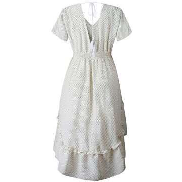 Joteisy Women’s V Neck Short Sleeves Tie Back Ruffled High Low Hem Maxi Dress (L, White Dot)