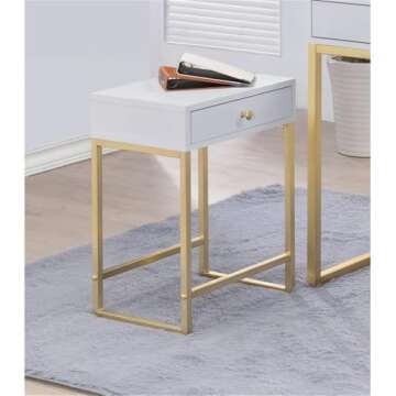 Acme Coleen 1-Drawer Metal Tube End Table in White and Brass