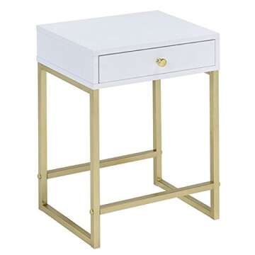 Acme Coleen 1-Drawer Metal Tube End Table in White and Brass