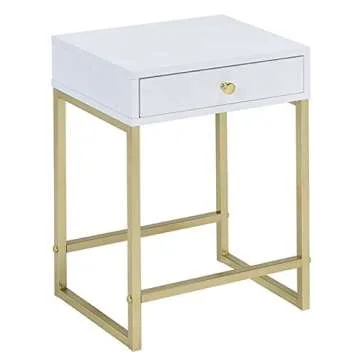 Acme Coleen 1-Drawer Metal Tube End Table in White and Brass