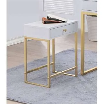 Acme Coleen 1-Drawer Metal Tube End Table in White and Brass