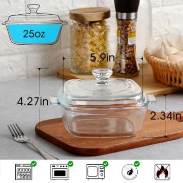 NUTRIUPS 0.8L Glass Casserole Dish with Lid Oven Safe Square Casserole Dish 5.9in Glass Microwave Bo...