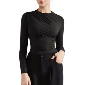 SUUKSESS Women Business Casual Mock Neck Long Sleeve Tops Double Lined Ruched Basic T Shirts (Black,...