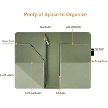RSAquar Server Book with Zipper Pocket, Premium Leather Server Books for Waitress, Waiter Wallet Waitress Book Fit Server Apron, Agave Green