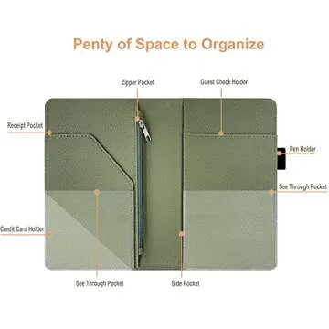 RSAquar Server Book with Zipper Pocket, Premium Leather Server Books for Waitress, Waiter Wallet Waitress Book Fit Server Apron, Agave Green
