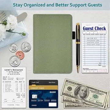 RSAquar Server Book with Zipper Pocket, Premium Leather Server Books for Waitress, Waiter Wallet Waitress Book Fit Server Apron, Agave Green