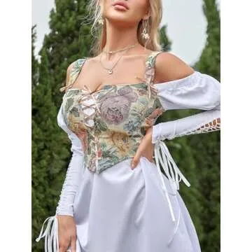 CONCINEROS Women's Summer Vintage Floral Renaissance Corset Top for Women Y2k Tops Sleeveless Drawstring Crop Top