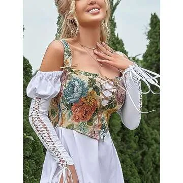 CONCINEROS Women's Summer Vintage Floral Renaissance Corset Top for Women Y2k Tops Sleeveless Drawstring Crop Top