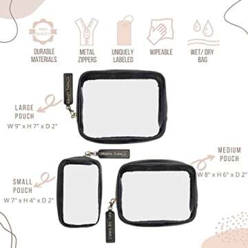 Lucky Love Diaper Bag Organizing Pouches | Set of 3 Including Diaper Clutch | Dry Wet Bag (Black Clear Trio Pouches w/Removable Tags)