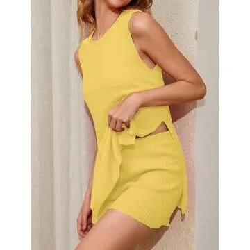 Burtell Women Summer 2 Piece Sweater Sets Casual Crew Neck Sleeveless Knit Tank Top Mini Shorts Lounge Set Solid Beach Outfit