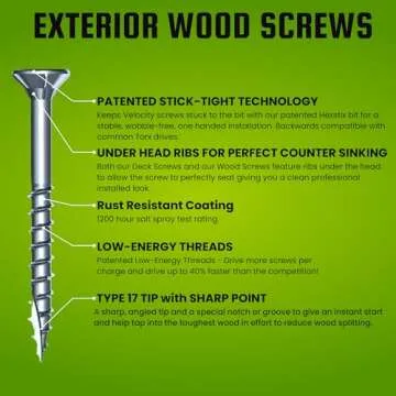 Velocity Exterior Wood Screws Assortment Kit – 108 Assorted Wood Screws in 6 Sizes Made with Carbon Steel, 2 Hexstix Drive Bits & Plastic Wood Screw Set Storage Organizer, Construction Screws for Wood