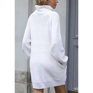 Pink Queen Women's Loose Turtleneck Oversize Long Pullover Sweater Dress White M