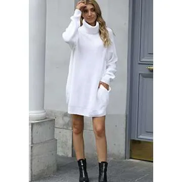 Pink Queen Women's Loose Turtleneck Oversize Long Pullover Sweater Dress White M