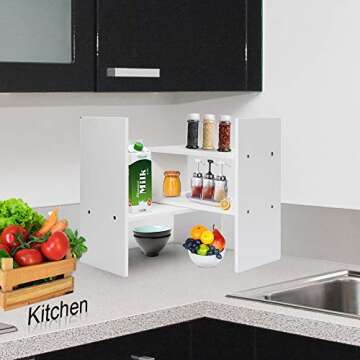 Hossejoy Desk Shelf, Adjustable Desktop Storage Organizer, Wood Display Shelf Rack, Office Supplies Desk Organizer,White