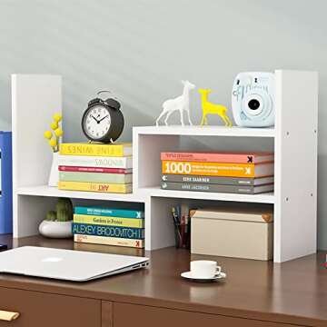 Hossejoy Desk Shelf, Adjustable Desktop Storage Organizer, Wood Display Shelf Rack, Office Supplies Desk Organizer,White