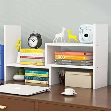Hossejoy Desk Shelf, Adjustable Desktop Storage Organizer, Wood Display Shelf Rack, Office Supplies Desk Organizer,White