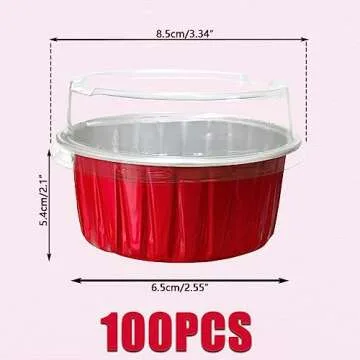 100Pcs Aluminum Cups with Lids,5oz Disposable Ramekin Baking Cups Muffin Liners Mini Pie Pans Foil C...