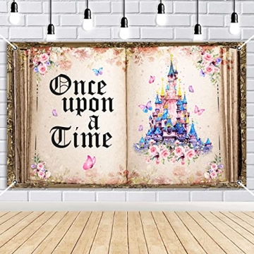 AIBIIN Once Upon a Time Banner Fairy Tale Books Backdrop Castle Pink Floral Princess Romantic Story ...