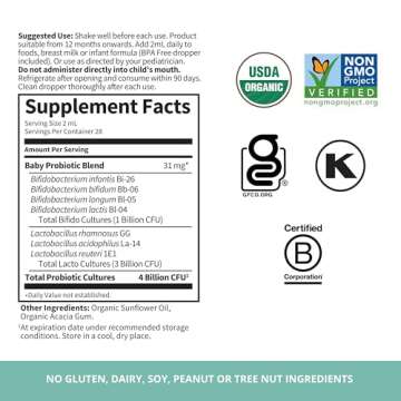 Garden of Life Baby Probiotics, 4 Billion CFU Organic Liquid Probiotic, Daily Infant Probiotics for Baby's Colic, Digestion, Immunity, Babies & Toddlers, 56 mL (1.9 fl oz) Probiotic Drops