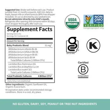 Garden of Life Baby Probiotics, 4 Billion CFU Organic Liquid Probiotic, Daily Infant Probiotics for Baby's Colic, Digestion, Immunity, Babies & Toddlers, 56 mL (1.9 fl oz) Probiotic Drops