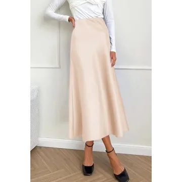 PRETTYGARDEN Women's Summer Midi Satin Skirt Dressy Casual High Waisted A Line Flowy Ruffle Elegant Party Skirts (Beige,X-Large)