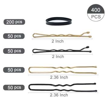 Lvyesea 400Pcs Hair Pins Kit, Including 100 U-Shaped Hair Pins 100 Bobby Pins and 200 Hair Rubber Bands with Storage Box for All Hair Types (Black, Gold)