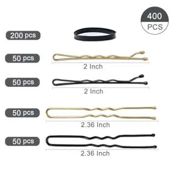 Lvyesea 400Pcs Hair Pins Kit, Including 100 U-Shaped Hair Pins 100 Bobby Pins and 200 Hair Rubber Bands with Storage Box for All Hair Types (Black, Gold)