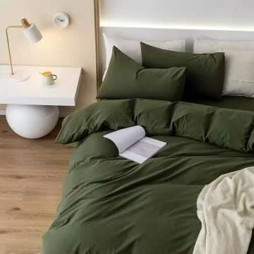 JIYUAN 100% Washed Cotton Duvet Cover Set Comfy Simple Style Soft Breathable Textured Durable Linen Feel Bedding for All Seasons Queen, Solid Olive Green
