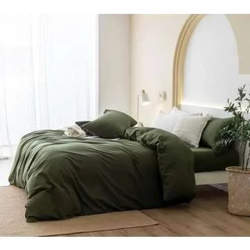 JIYUAN 100% Washed Cotton Duvet Cover Set Comfy Simple Style Soft Breathable Textured Durable Linen Feel Bedding for All Seasons Queen, Solid Olive Green