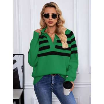 SuperPrity Oversized Sweaters for Women Trendy Long Sleeve Striped Collared Casual Pullover Tops Fall Fashion Clothes 2024-L,Green Stripe