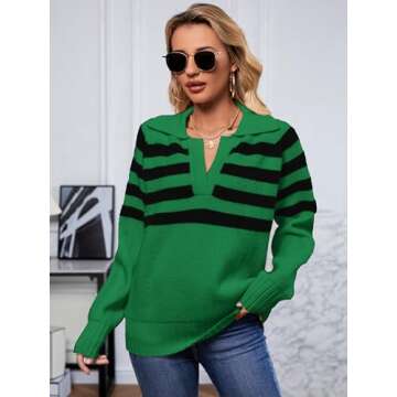 SuperPrity Oversized Sweaters for Women Trendy Long Sleeve Striped Collared Casual Pullover Tops Fall Fashion Clothes 2024-L,Green Stripe