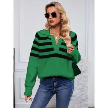 SuperPrity Oversized Sweaters for Women Trendy Long Sleeve Striped Collared Casual Pullover Tops Fall Fashion Clothes 2024-L,Green Stripe