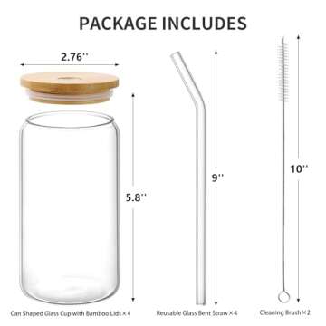 CWHHRN 16oz Glass Cups with Bamboo Lids and Straws - 4 Pack
