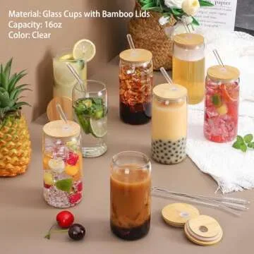 CWHHRN 16oz Glass Cups with Lid and Straw Set