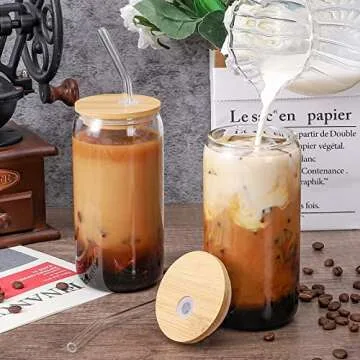 CWHHRN 16oz Glass Cups with Lid and Straw Set