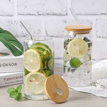 CWHHRN 16oz Glass Cups with Lid and Straw Set