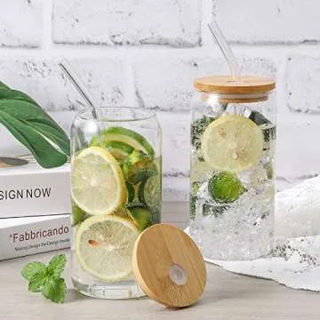 CWHHRN 16oz Glass Cups with Lid and Straw Set