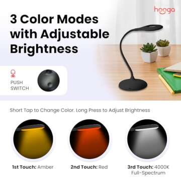 Hooga Desk Lamp - 3 Color Modes, Circadian Rhythm Friendly, Rechargeable