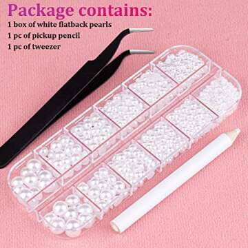Belleboost Flat Back Pearls Kits 1 Box of Flatback White Half Round Pearls with Pickup Pencil and Tweezer for Home DIY and Professional Nail Art, Face Makeup and Craft