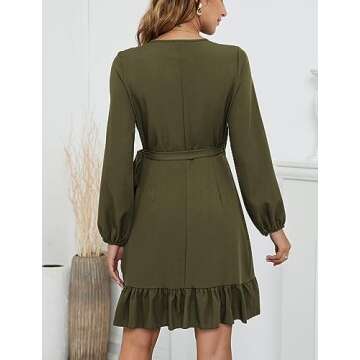 Naggoo Mini Dresses for Women Wedding Guest Wrap Long Sleeve Dress Army Green S