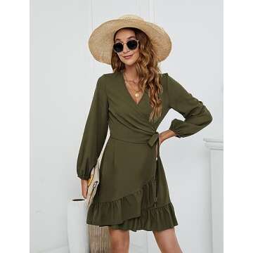 Naggoo Mini Dresses for Women Wedding Guest Wrap Long Sleeve Dress Army Green S
