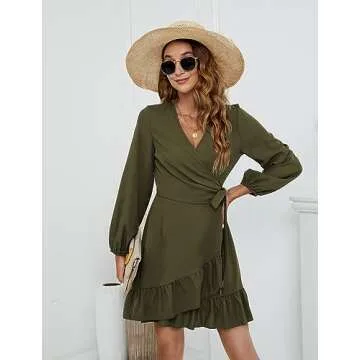 Naggoo Mini Dresses for Women Wedding Guest Wrap Long Sleeve Dress Army Green S