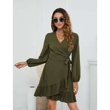 Naggoo Mini Dresses for Women Wedding Guest Wrap Long Sleeve Dress Army Green S