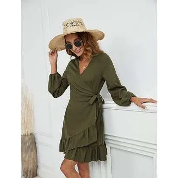 Naggoo Mini Dresses for Women Wedding Guest Wrap Long Sleeve Dress Army Green S