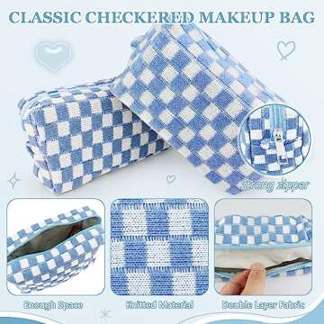 58 Pcs Checkered Makeup Bag Set Preppy Aesthetic Cosmetic Bag Travel Makeup Pouch Toiletry Bag 7 Heishi Surfer Bracelets with 50 Cute Preppy Stickers for Women Girls Teens Gift (Blue)