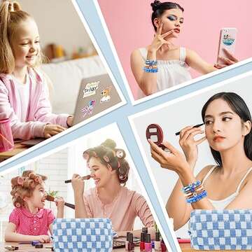 58 Pcs Checkered Makeup Bag Set Preppy Aesthetic Cosmetic Bag Travel Makeup Pouch Toiletry Bag 7 Heishi Surfer Bracelets with 50 Cute Preppy Stickers for Women Girls Teens Gift (Blue)