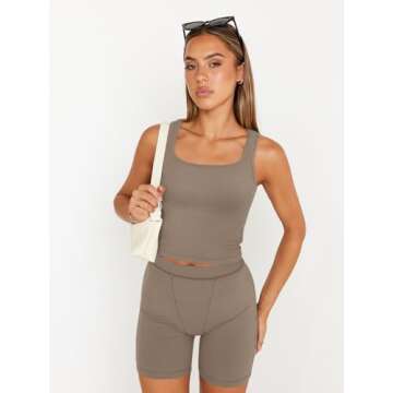 Trendy Queen 2 Piece Lounge Sets for Women Matching Workout Set Cropped Tank Tops and High Waist Yoga Leggings Active Wear, Small, Coffeegrey